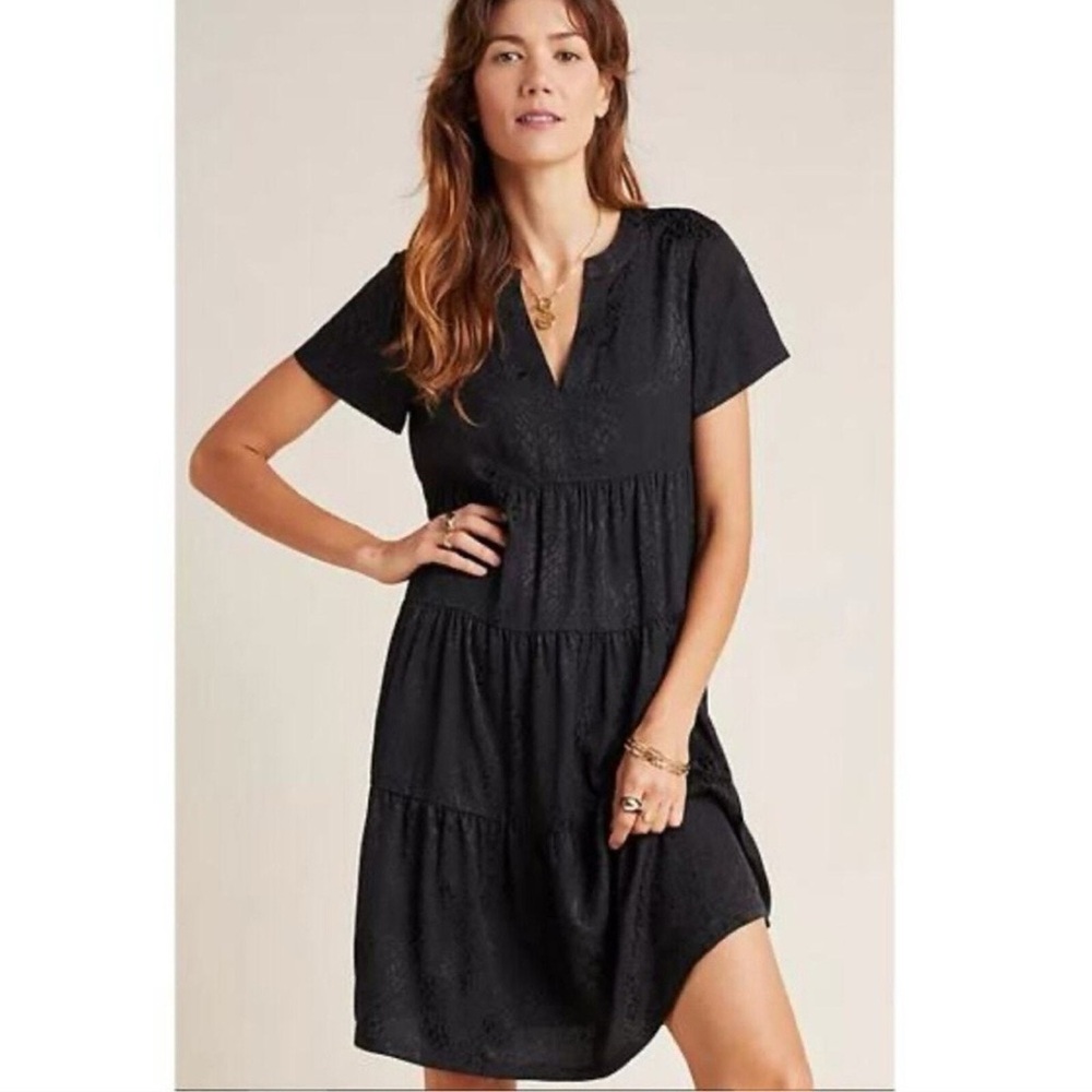 Maeve by Anthropologie Black Textured Tiered Mini Dress — Size Large
